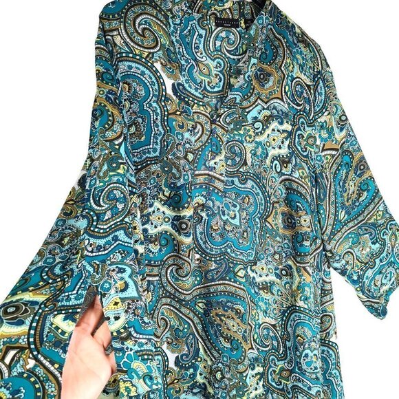 Apostrophe Green Paisley V Neck Art To Wear Relaxed Fit Top Plus Size - Picture 5 of 8